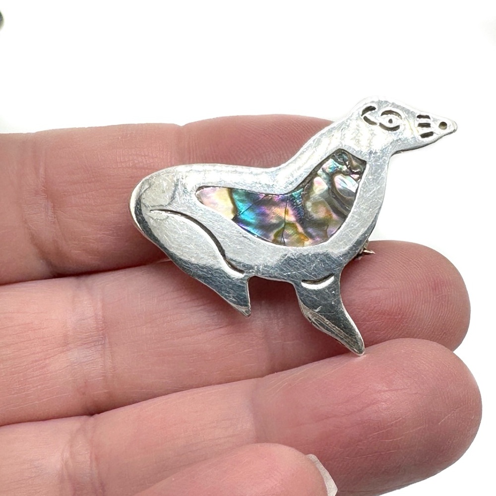 Alpaca Seal Brooch with Abalone Inlay Convertible Pendant